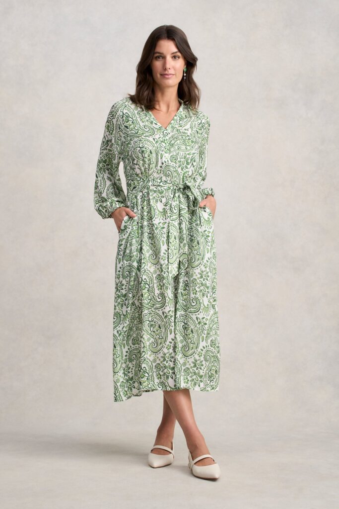 Blouson Sleeve Shift Dress - Green Paisley Print